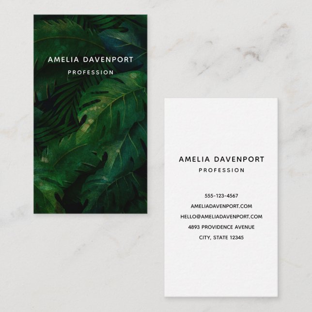 Dark Green Tropical Leaves Pattern Business Card (Front/Back)
