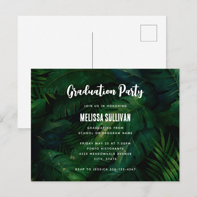 Dark Green Tropical Leaves Pattern Invitation Postcard (Front/Back)