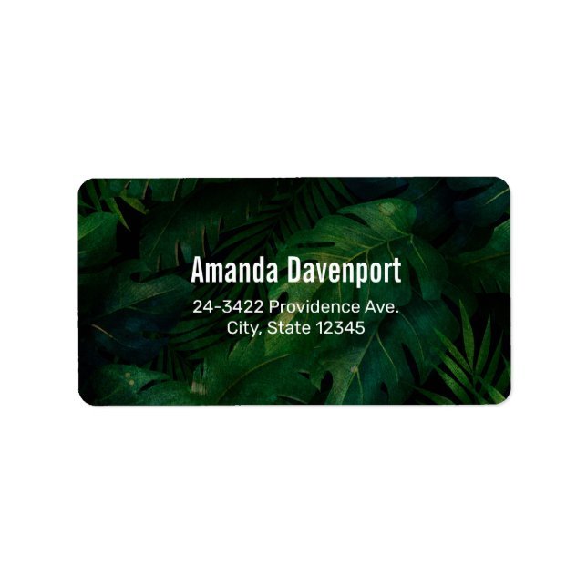 Dark Green Tropical Leaves Pattern Label (Front)