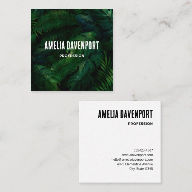Dark Green Tropical Leaves Pattern Square Business Card (Front/Back)