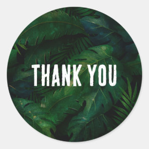 Dark Green Tropical Leaves Pattern Thank You Classic Round Sticker