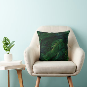 Dark Green Tropical Leaves Pattern Throw Pillow