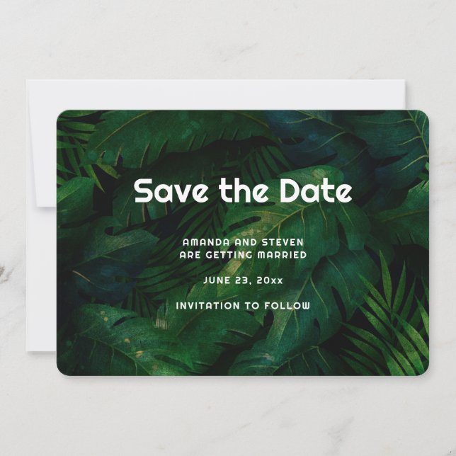 Dark Green Tropical Leaves Pattern Wedding Save The Date (Front)