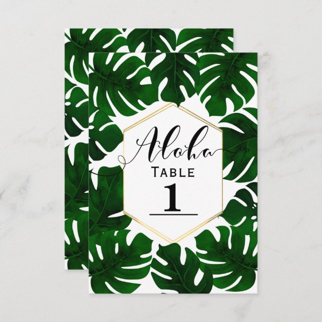 Dark Green Tropical Leaves White Gold Table Number (Front/Back)