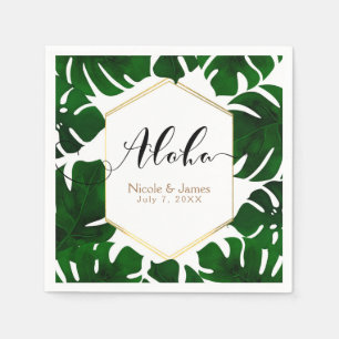 Dark Green Tropical Leaves White & Gold Wedding Napkin