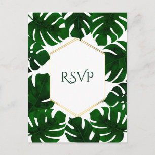 Dark Green Tropical Leaves White Gold Wedding RSVP Invitation Postcard