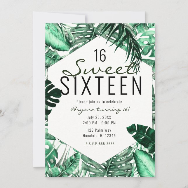 Dark Green Tropical Palm Leaves Summer Sweet 16 Invitation (Front)