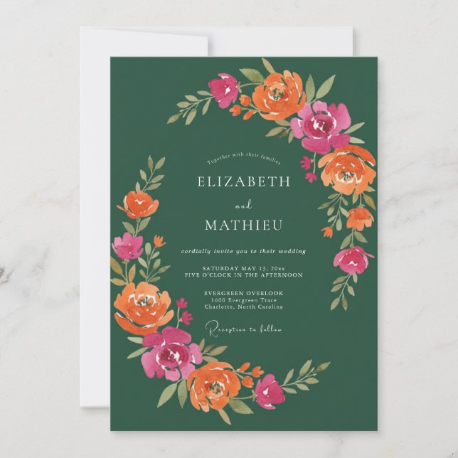 Dark Green Vibrant Bohemian Wedding Invitation (Front)
