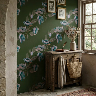 Dark Green Vintage Watercolor Blue Flower Stripes Wallpaper