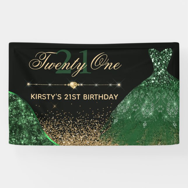 Dark Green Watercolor Dress 21st Birthday Banner (Horizontal)
