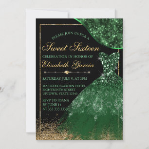 Dark Green Watercolor Dress & wave border Sweet 16 Invitation