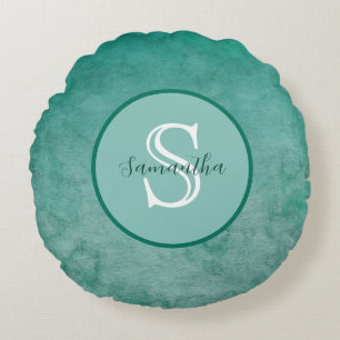 Dark Green Watercolor Personalized Monogram Throw  Round Pillow