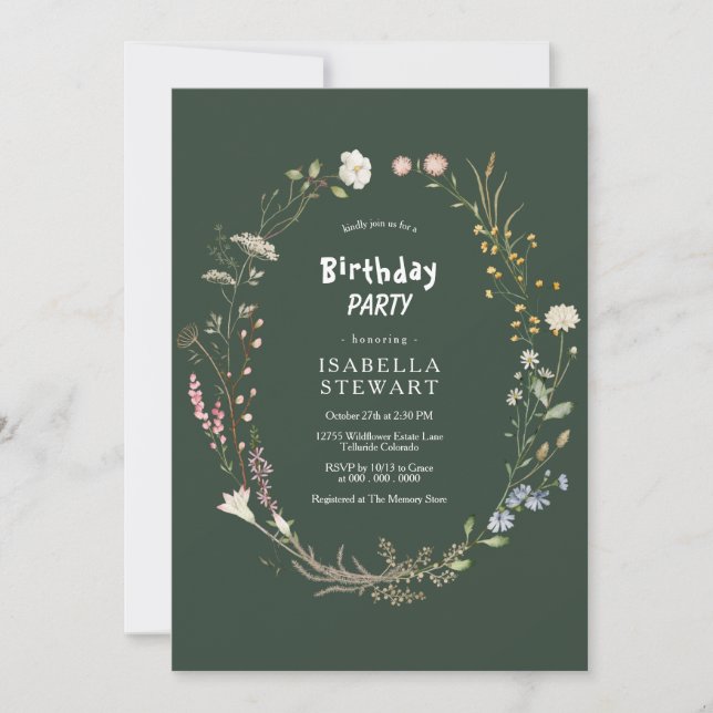 Dark Green Watercolor Wildflower BIrthday Party Invitation (Front)