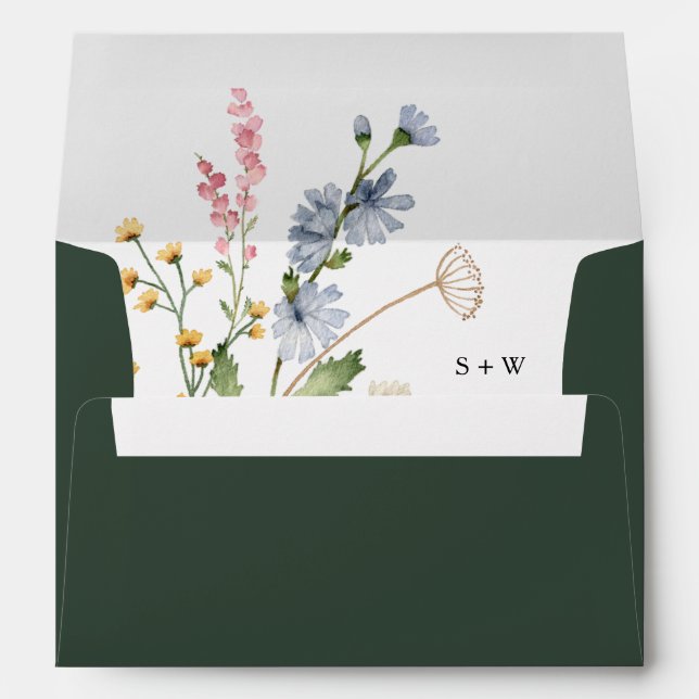 Dark Green Watercolor Wildflower Theme Wedding Envelope (Back (Bottom))