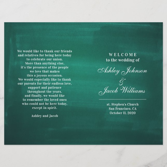 Dark green wedding program. Modern elegant emerald (Front)