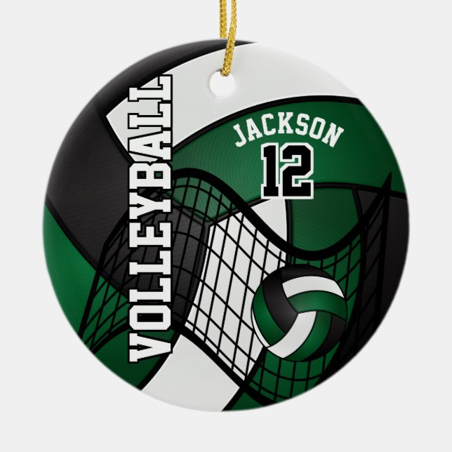 Dark Green, White & Black Volleyball 🏐 Ceramic Ornament (Front)