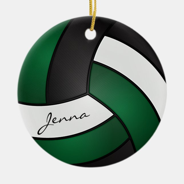 Dark Green, White & Black Volleyball 🏐 Ceramic Ornament (Front)