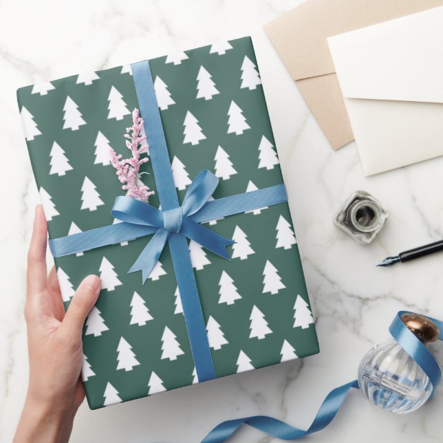 Dark Green White Christmas Tree pattern Wrapping Paper (Gifting)