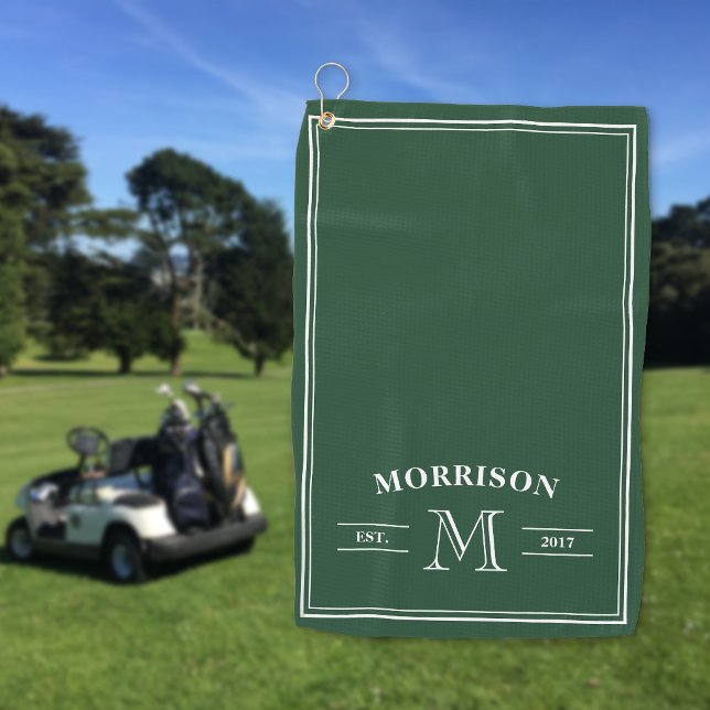 Dark Green White Elegant Monogram Golf Towel (Creator Uploaded)