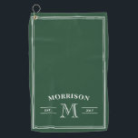 Dark Green White Elegant Monogram Golf Towel<br><div class="desc">Dark green and white golf towel printed with your last name in an arch over your initial and the year your family was established.</div>