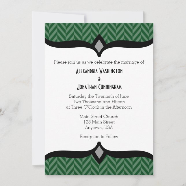 Dark Green White Herringbone Wedding Invitation (Front)