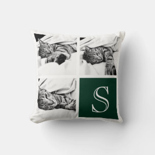 Dark Green, White Instagram Photo Collage Monogram Throw Pillow