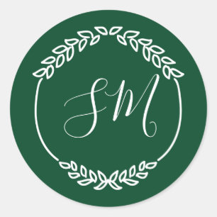 Dark Green White Leaf Wreath Monogram Wedding Classic Round Sticker