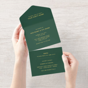 Dark Green White Minimalist Modern Elegant Foil All In One Invitation