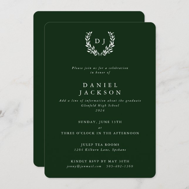 Dark Green/White Monogram Laurel Wreath Graduation Invitation (Front/Back)