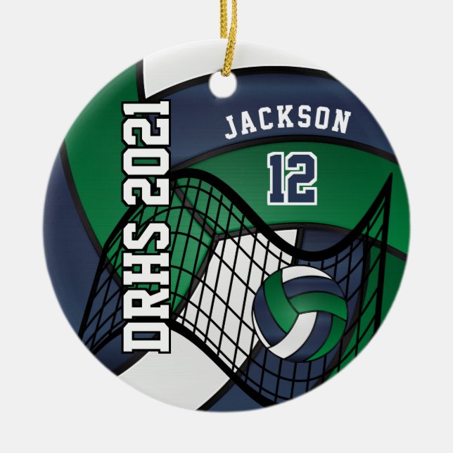 Dark Green, White & Navy Volleyball 🏐 Ceramic Ornament (Front)