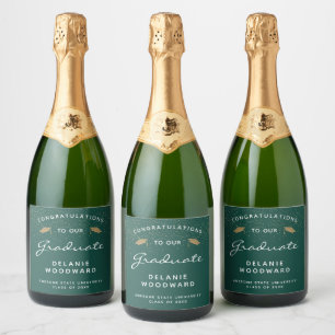 Dark Green White Script Gold Cap Graduation Sparkling Wine Label