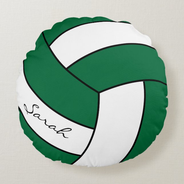 Dark Green & White Volleyball | DIY Name | Sport Round Pillow (Front)