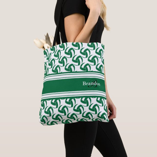 Dark Green White Volleyball | Personalize Tote Bag (Close Up)