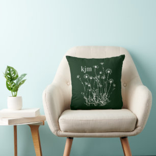 Dark Green & White Wildflowers Monogram Throw Pillow