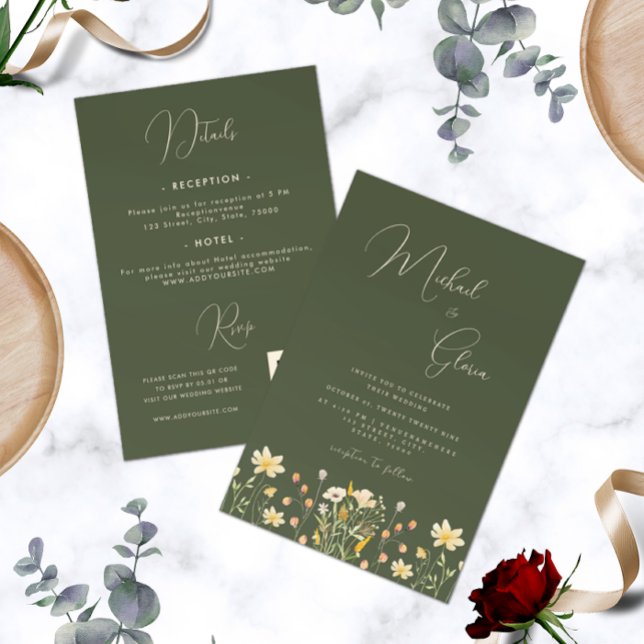 Dark Green Wildflowers Spring All in One Wedding  Invitation (Creator Uploaded)
