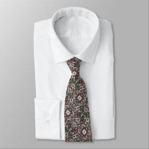 Dark Green, Wine, Black & White Floral Pattern Tie