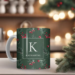 Dark Green Winter Watercolor Botanical Monogram Coffee Mug<br><div class="desc">Elegant Christmas Watercolor Botanical Monogram Mug featuring a sprig of gentle modern greenery of pine and berries on a dark forest green background and your custom Monogram and name. Please contact us at cedarandstring@gmail.com if you need assistance with the design or matching products.</div>