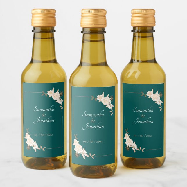 Dark Green with Cream Roses Wedding Wine Label (Bottles)