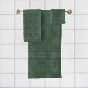 Dark Green with Geometric Floral Style Pattern Bath Towel Set