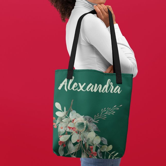 Dark green with Watercolor Leaves & Berries Named  Tote Bag (Creator Uploaded)