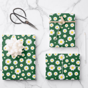 Dark Green with Yellow White Daisy Flower Pattern Wrapping Paper Sheet