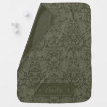 Dark Green Woodland Damask Baby Blanket