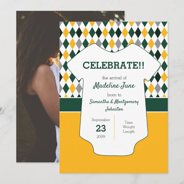 Dark Green & Yellow Argyle Pattern Baby Photo Announcement (Front/Back)