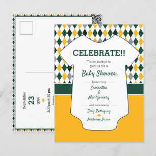 Dark Green & Yellow Argyle Pattern Baby Shower Postcard