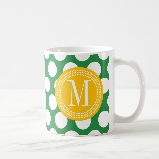 Dark Green & Yellow Big Polka Dots Monogrammed Coffee Mug (Right)