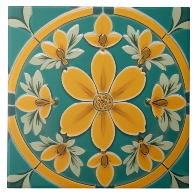 Dark Green & Yellow Flower Floral Mediterranean Tile (Front)