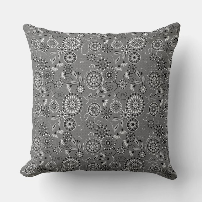 Dark grey abstract flowers ethnic rustic pattern throw pillow (Front)