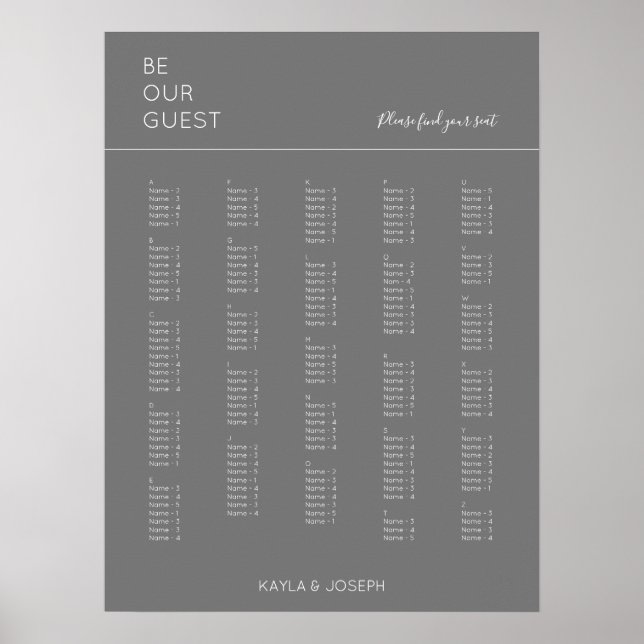Dark Grey Alphabetical Wedding Seating Chart (Front)