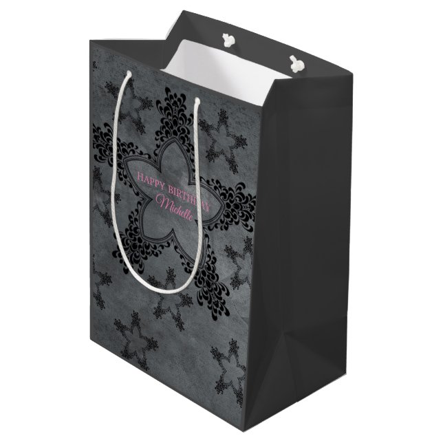 Dark Grey And Black Hearts Medium Gift Bag (Back Angled)