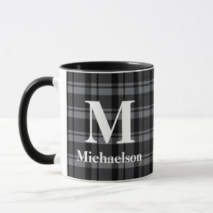 Dark Grey and Black Plaid with Monogram Name  Mug